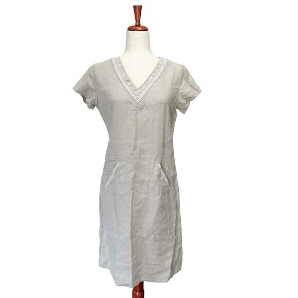Garnet Hill Dress Size 2 Women's Beige Linen Short Sleeve V Neck Side Slit Tunic - Picture 1 of 12